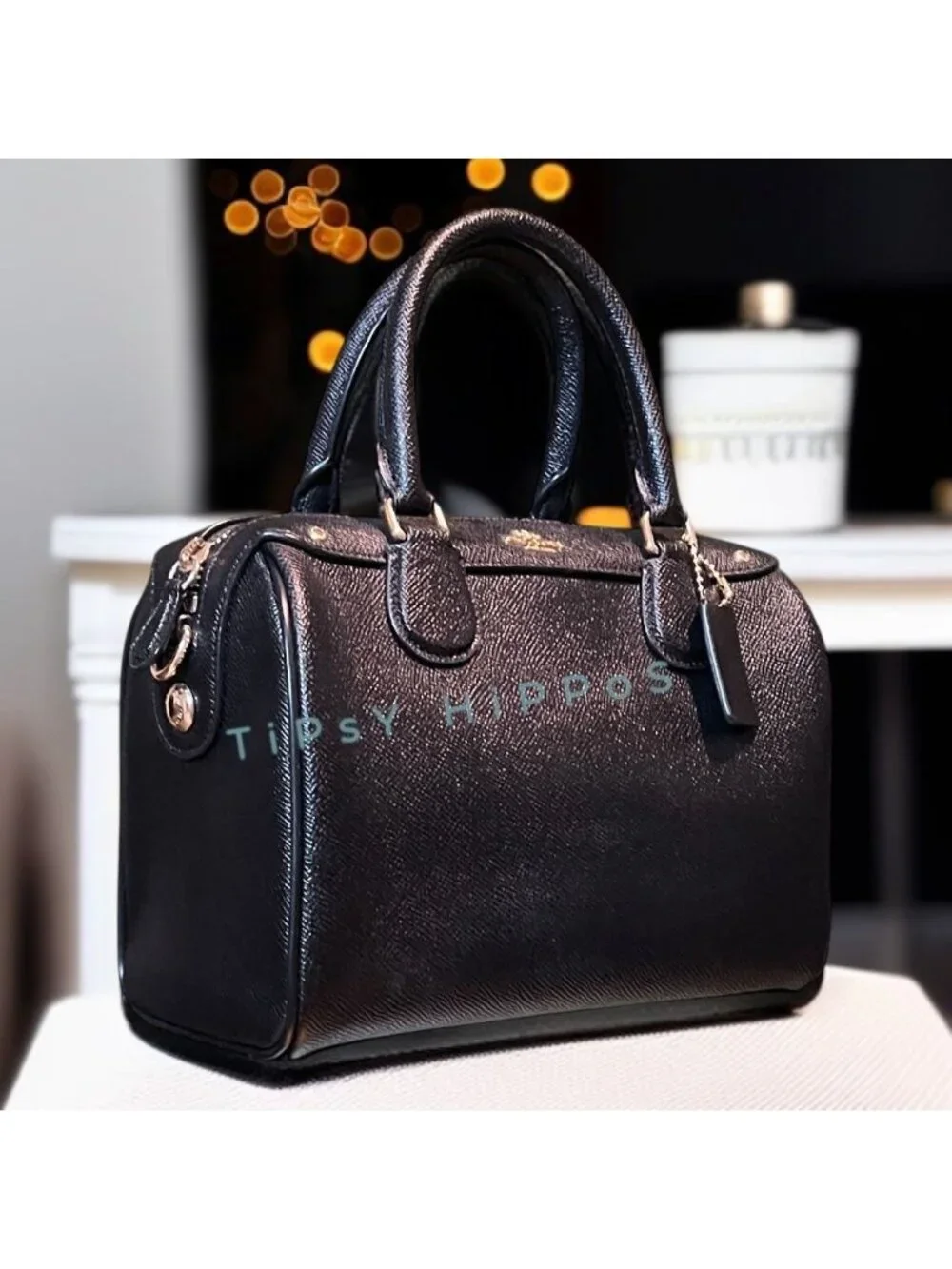 Coach Black Leather Satchel With Gold-Tone Hardware & Top Handles